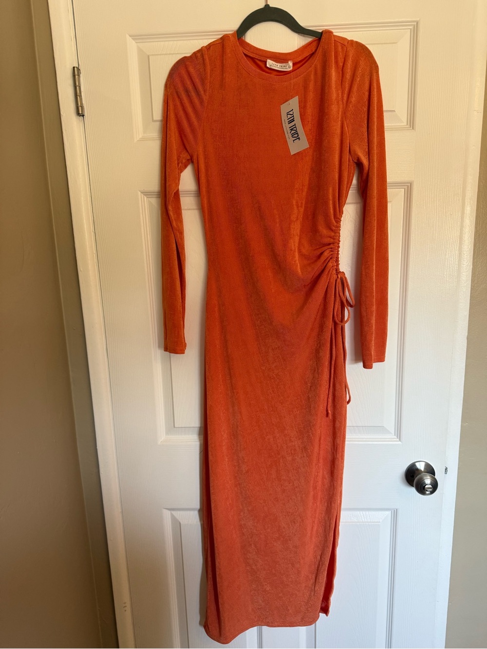 12th Tribe Orange Long-Sleeve Side-Ruched Midi Dress
